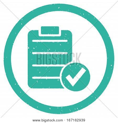 Apply Form grainy textured icon inside circle for overlay watermark stamps. Flat symbol with dust texture. Circled dotted vector cyan ink rubber seal stamp with grunge design on a white background.