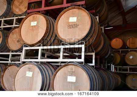 San Luis Obispo USA - july 15 2016 : barrel in the cellar of the Claiborne and Churchhill winery