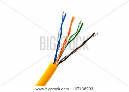 An ethernet wire cable or yellow patch-cord with twisted pair.
