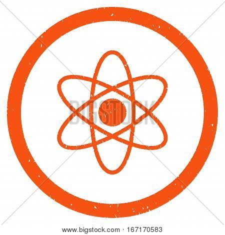 Atom grainy textured icon inside circle for overlay watermark stamps. Flat symbol with scratched texture. Circled dotted vector orange ink rubber seal stamp with grunge design on a white background.