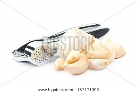 Metal garlic press utensil next to a pile of fresh cloves isolated over the white background