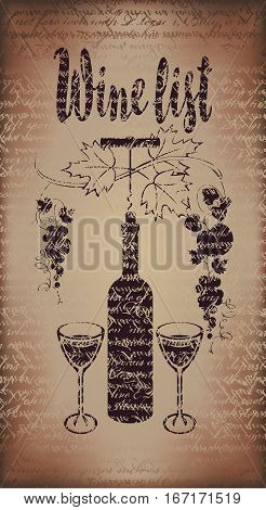 Cover for a wine list menu with a bottle a glass and a bunch of grapes