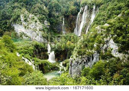 landscape of plitvicka lake national park at sunset unesco heritage site plitvice croatia.