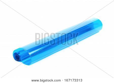 Roll tube of transparent blue plastic film coating isolated over the white background
