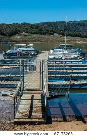 Portrait view of low level lake and much needed repairs for the docks at Casitas.