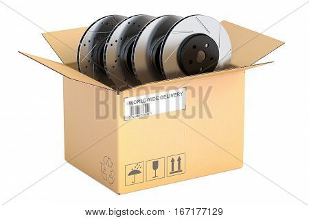 Cardboard box with car disc brake rotors 3D rendering