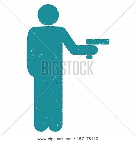 Robber With Gun grainy textured soft blue icon for overlay watermark stamps. Flat symbol with scratched texture. Dotted vector ink rubber seal stamp with grunge design on a white background.