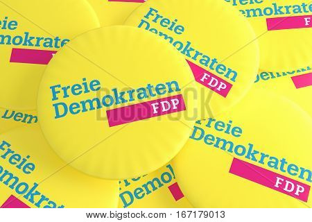 BERLIN GERMANY - JANUARY 28 2017: German Election Politics Badges Concept: Pile of FDP Buttons 3d illustration