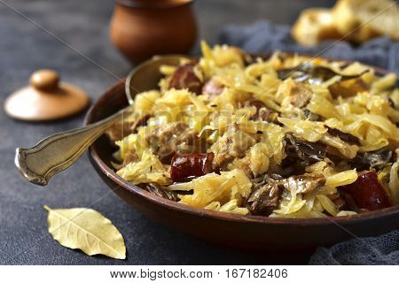Bigos - Stewed Cabbage With Meat,dried Mushrooms And Smoked Sausage.top View With Space For Text.