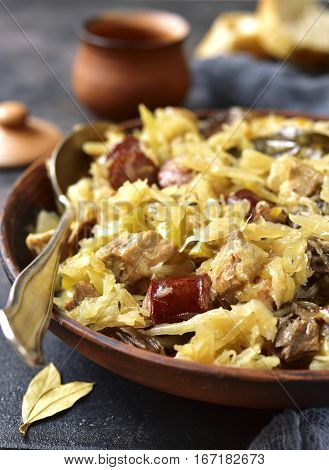 Bigos - Stewed Cabbage With Meat,dried Mushrooms And Smoked Sausage.top View With Space For Text.