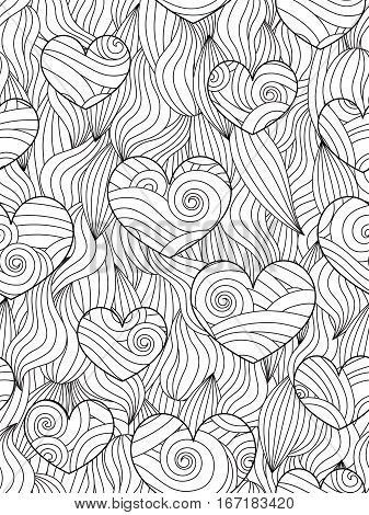 Seamless pattern with abstract waves and hearts. Zentangle inspired style. Coloring book page for adults and older children. Art vector illustration