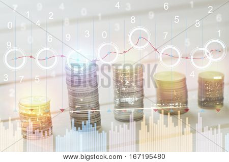 pile coin money with account book finance and banking concept for background.concept in grow and walk step by step for success in business