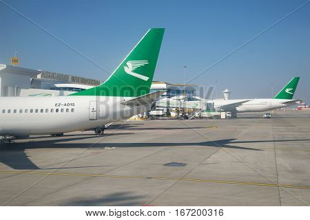 ASHGABAT, TURKMENISTAN - JANUARY 07, 2017: Sunny day on the platform of the new international terminal of Ashgabat airport