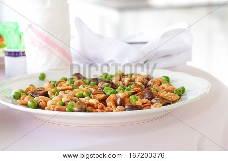 Close up Broad bean fried on plate for appetizer food