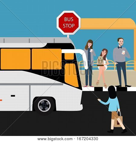 bus stop people waiting inline travel city public transportation vector
