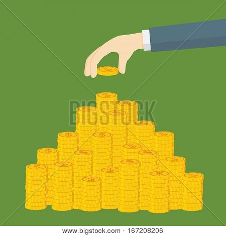 Saving Money Illustration, Hand Putting Dollar Coin To Money Staircase