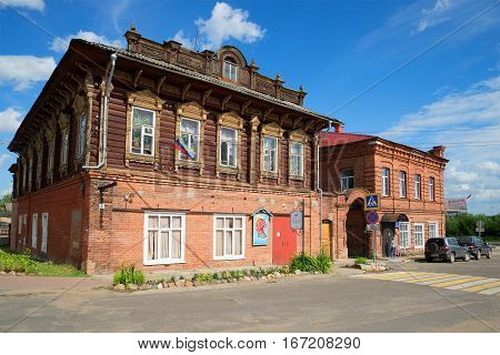 MYSHKIN, RUSSIA - JULY 13, 2016: Building of the ancient merchant estate of Stolbov in the sunny summer day