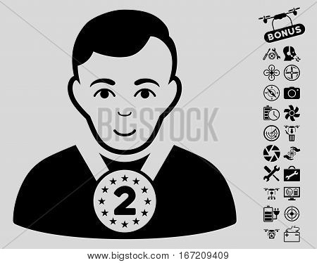 2nd Prizer Sportsman pictograph with bonus quad copter service pictures. Vector illustration style is flat iconic black symbols on light gray background.