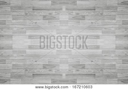 Black and white hardwood maple basketball court floor viewed from above
