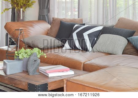 Light Brown Leather L Shape Sofa And Wood Table In Modern Living Room