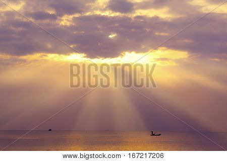 colorful sunset on Phu Quock island Vietnam sun ray go through the cloud
