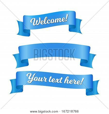 Blue ribbon banners set. Beautiful blank for decoration graphic. Old vintage style design. Premium decorative elements isolated on white background. Stock illustration