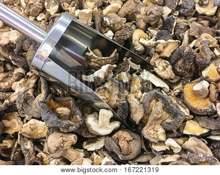 close up of dried shiitake mushrooms food background