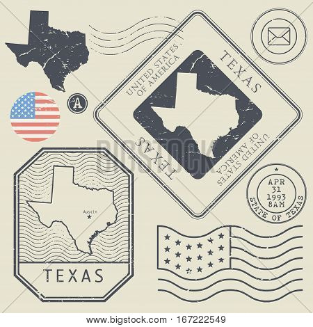 Retro vintage postage stamps set Texas United States theme vector illustration