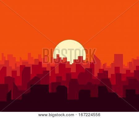 City sunset skyline urban landscape. Cityscape silhouette in flat style