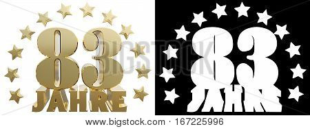 Golden eighty three and the word of the year decorated with stars. Translated from the German. 3D illustration