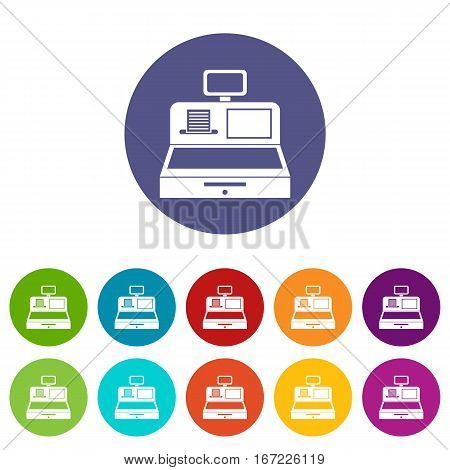 Cash register with cash drawer set icons in different colors isolated on white background