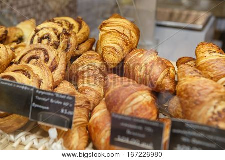 Fresh Baked Croissant On Sale In Food Store