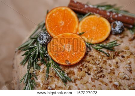 Decorative Chirstmas Cake With Rosemary,orange,cinnamon