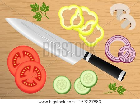 Cutting board with sliced vegetables. Slices of cucumber, onion, tomato, champignon, parsley placed on a cutting board with kitchen knife. Vector background, or separate design elemetns.