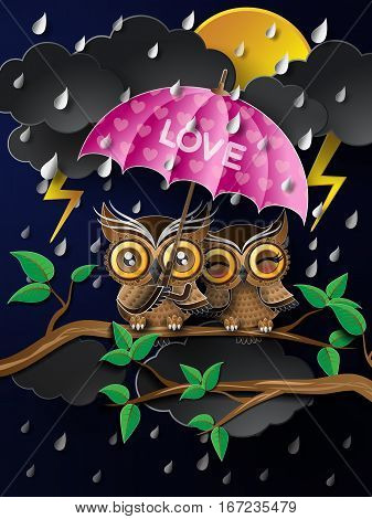 Owl holding an umbrella in the rain.paper cut style.