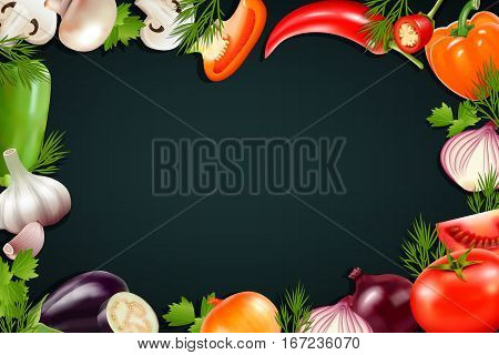 Black background with colorful frame containing realistic vegetables icons so as pepper eggplant tomato onion greengrocery vector illustration