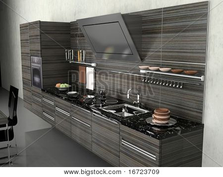 the modern kitchen interior design (3D rendering)