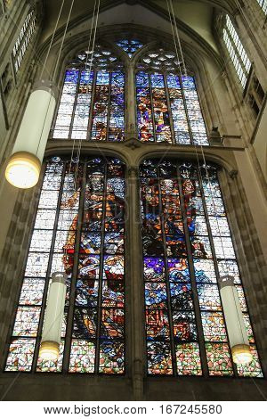 Utrecht the Netherlands - February 13 2016: Stained glass window of St. Martins Cathedral (Domkerk)