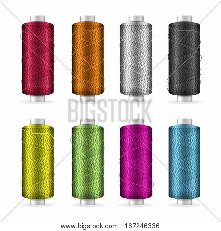 Thread Spool Set. Bright Plastic Bobbin. Isolated On White Background For Needlework And Needlecraft. Stock Vector Illustration