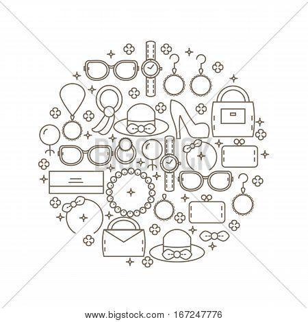 Set of women's fashion accessories in the style of a line located inside the circle. Vector illustration.