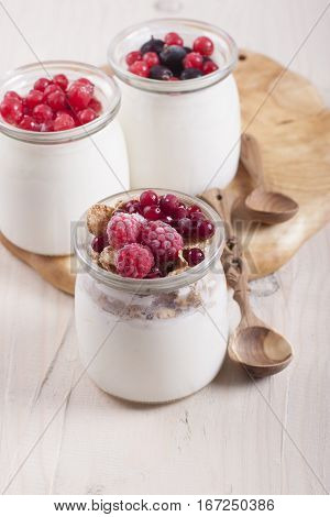 Homemade yogurt with frozen berries red currants black currants raspberries and cranberries in three banks