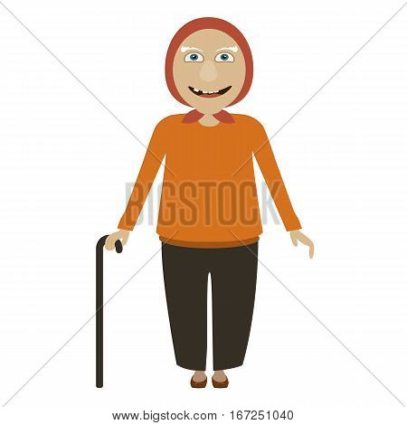 Elderly cheerful woman with a cane vector illustration in flat style