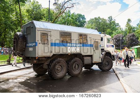 ST. PETERSBURG RUSSIA - JULY 31 2016: Russian police heavy truck parked on the city street in summer day