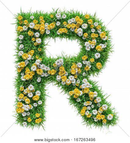 Letter R Of Green Grass And Flowers. Isolated On White Background. Font For Your Design. 3D Illustration
