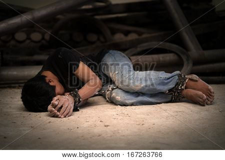 Hopeless Man Hands Tied Together With Rope