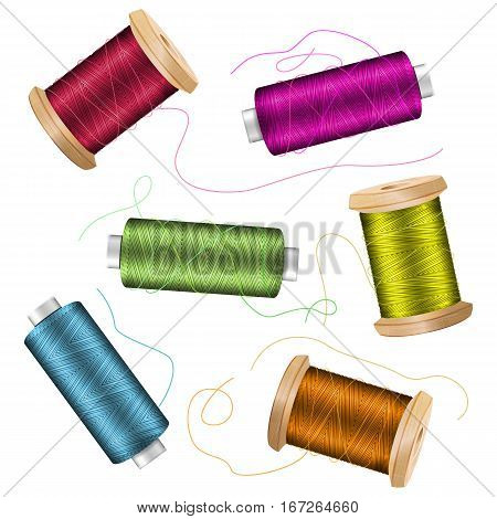 Thread Spool Set Background. For Needlework And Needlecraft. Stock Vector Illustration Of Yarn Or Cotton Bobbin Reels. Isolated On White Background
