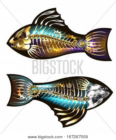 Two mechanical fish with skeleton and gold gears on a white background. Steampunk style.