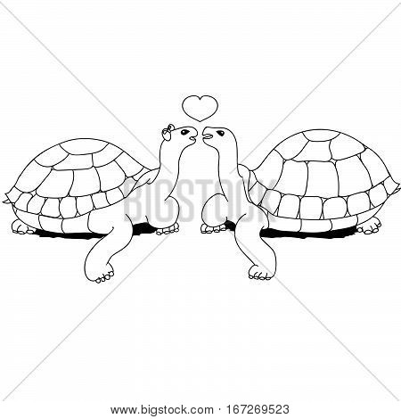 Coloring book. Couple turtles woman and man kissing. Card for Valentines Day. Cartoon style. Hand drawing. Vector illustration.