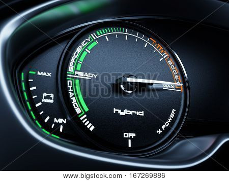 Hybrid car illuminated dashboard speedometer tachometer with full energy level and MAX BOOST power. 3d renderin illustration