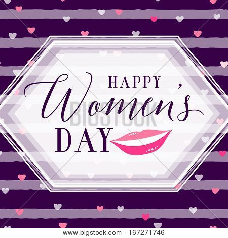 Vector illustration of stylish 8 march womens day greeting card with lettering typography text sign, hearts, white angled shape frame, smiling girl mouth on seamless rough stripes in Memphis style
